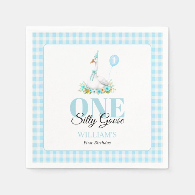 One silly goose, blue gingham boy's 1st birthday napkin (Front)