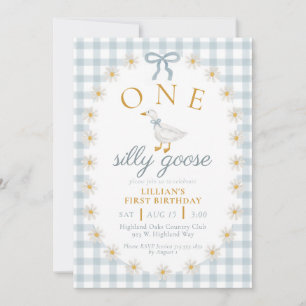 ONE Silly Goose Blue Gingham Daisy First Birthday Invitation