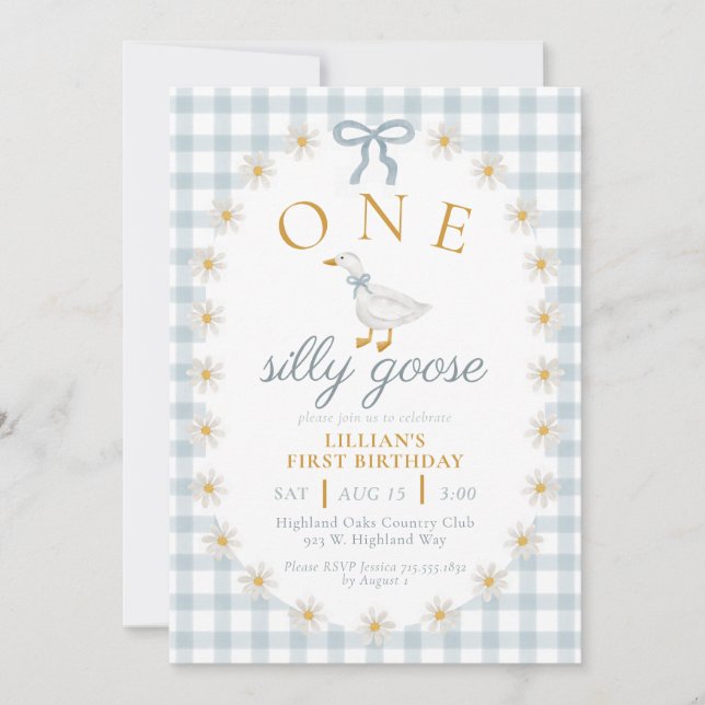 ONE Silly Goose Blue Gingham Daisy First Birthday Invitation (Front)