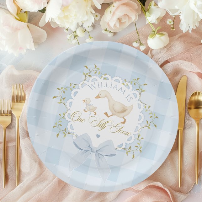 One Silly Goose Blue Goingham Whimsical Birthday Paper Plate (Creator Uploaded)