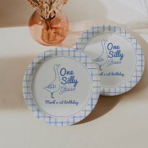 One Silly Goose Blue Hand Drawn Boy 1st Birthday Paper Plate