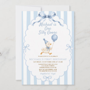 One Silly Goose Blue Stripes Boy First Birthday Invitation