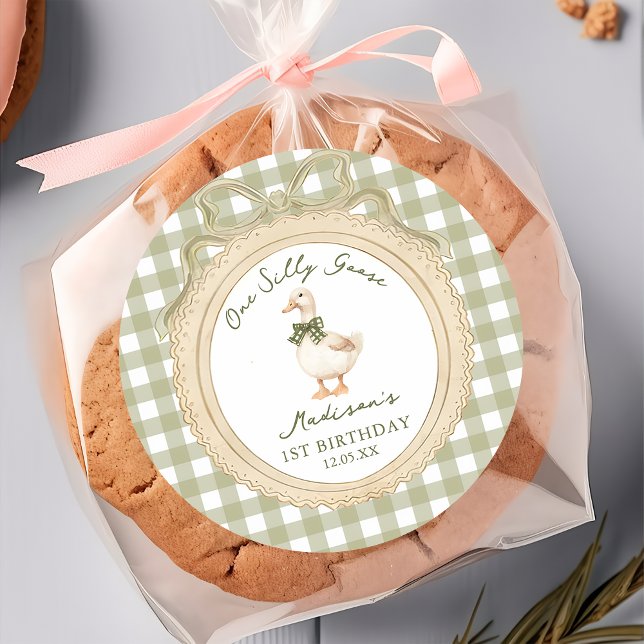 One Silly Goose Bow Gingham 1st Birthday  Sticker (Créateur téléchargé)