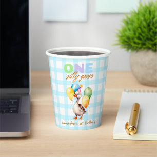 One Silly Goose Boy 1st Birthday Blue plaid Paper Cups