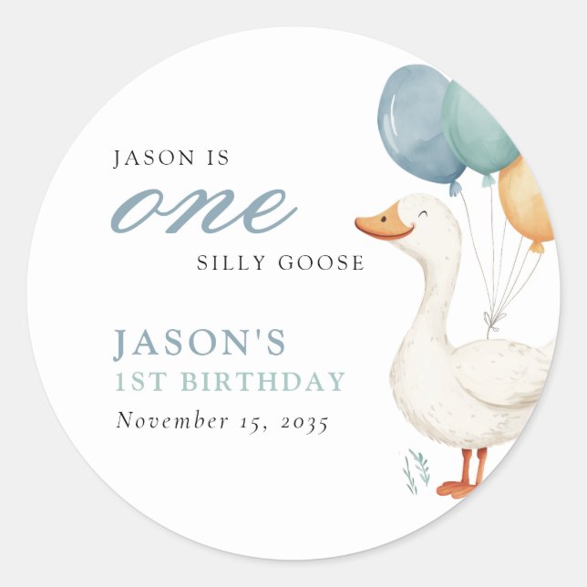 One Silly Goose Boy 1st Birthday Party Classic Round Sticker (Front)