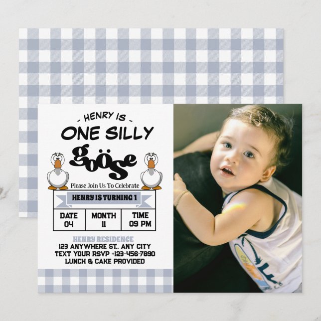 One Silly Goose Boy 1st Birthday Party Photo Invitation (Front/Back)