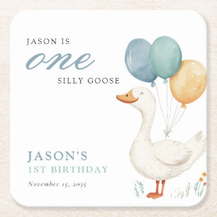 One Silly Goose Boy 1st Birthday Party Square Paper Coaster
