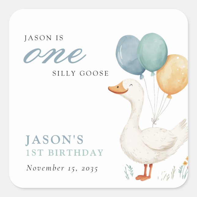 One Silly Goose Boy 1st Birthday Party Square Sticker (Front)