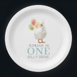 One Silly Goose Boy Blue 1st Birthday Paper Plate<br><div class="desc">This cute "one silly goose" boy's 1st/first birthday paper plate features a goose with a party hat and balloons. Personalize it for your needs. You can find matching products at my store.</div>