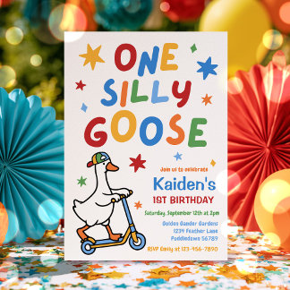 One Silly Goose Boy Colourful 1st Birthday Party  Invitation