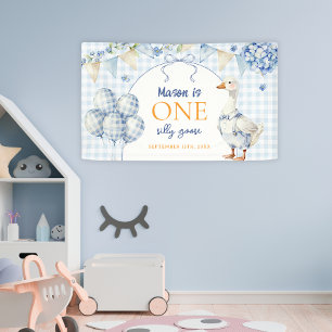One Silly Goose Boy First Birthday Blue Gingham Banner