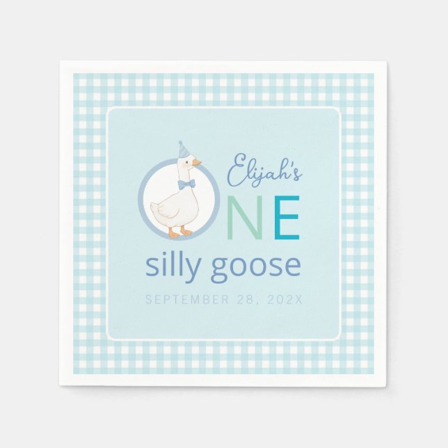 One Silly Goose Boy First Birthday Blue Party Hat  Napkin (Front)