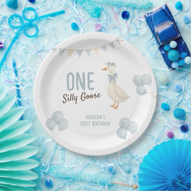One Silly Goose Boy First Birthday Paper Plate (Party)