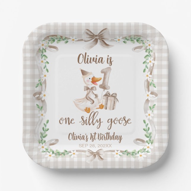 One Silly Goose Brown Bow 1st Birthday Brown Bow Paper Plate (Front)