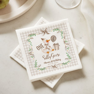 One Silly Goose Brown Bow 1st Birthday Napkin