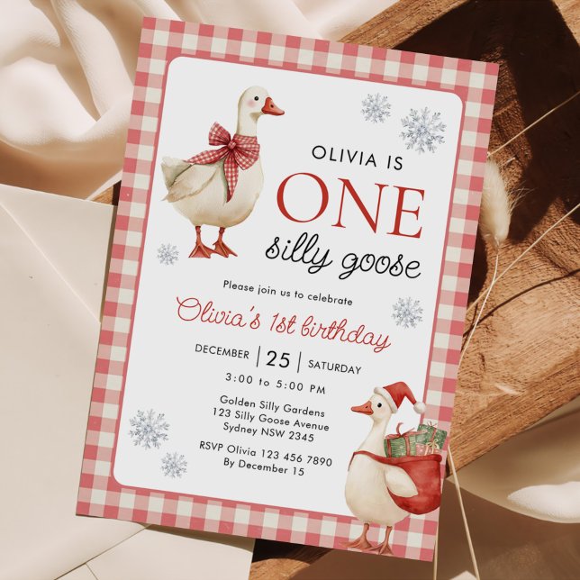 One Silly Goose Christmas Gingham 1st Birthday Invitation (Creator Uploaded)