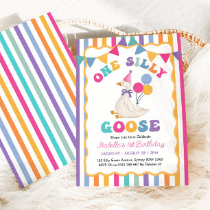 One Silly Goose: Colourful Stripe 1st Birthday Gir Invitation