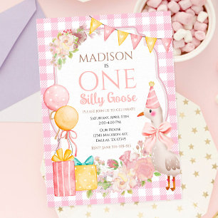 One Silly Goose Coquette Pink Bow 1st Birthday Invitation