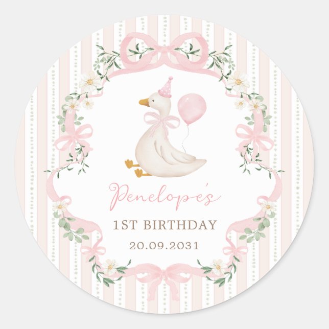 One Silly Goose Coquette Pink Bow Floral Birthday Classic Round Sticker (Front)