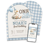One Silly Goose Customized Blue 1st Birthday Arch Invitation<br><div class="desc">Celebrate your little one’s big milestone with this One Silly Goose Customized Blue 1st Birthday Arch Invitation! Featuring a playful illustrated goose and soft blue tones, this whimsical design sets the tone for a sweet and silly first birthday celebration. The modern arch shape adds a trendy twist, making your invitation...</div>