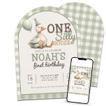 One Silly Goose Customized Green 1st Birthday Arch Invitation<br><div class="desc">Celebrate your little one's big day with our One Silly Goose Customized Sage Green 1st Birthday Arch Invitation! This playful and modern design features an adorable goose in a charming sage green colour palette, perfect for a gender-neutral or whimsical first birthday party. The trendy arch shape adds a unique touch,...</div>
