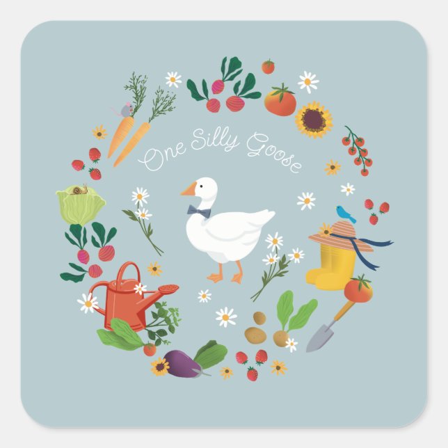 One Silly Goose Farmer Garden Theme Blue Square Sticker (Front)