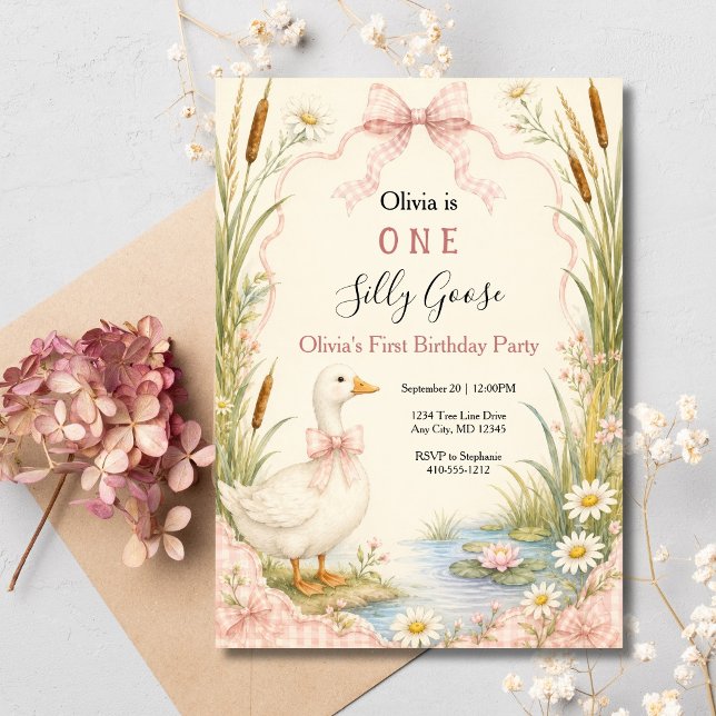 One Silly Goose First 1st Birthday Invitation (One Silly Goose First 1st Birthday party invitation. Pink Gingham Cow, Goose Pond Printed Digital)