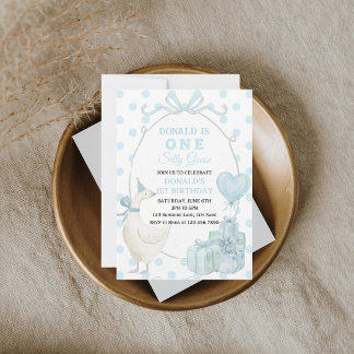 One Silly Goose First Birthday Invitation Boy Blue