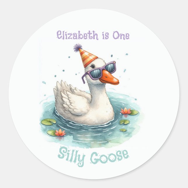“One Silly Goose” First Birthday Party Classic Round Sticker (Front)