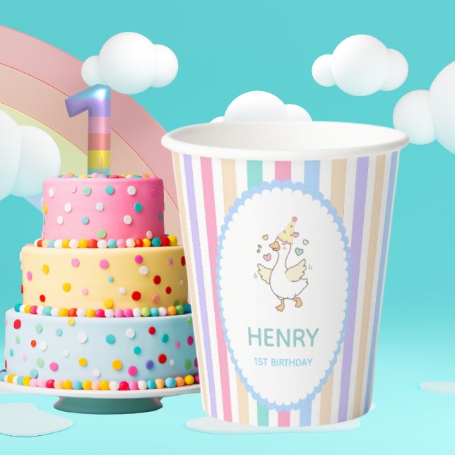 One Silly Goose First Birthday Party Paper Cups (​Adorable "One Silly Goose" cups! Sweet pastel stripes for a 1st birthday. Sip in style!)