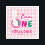 One Silly Goose First Birthday Party Pink Gingham Napkin<br><div class="desc">For a baby boy's first birthday with the theme "one silly goose". The word ONE has each letter in a different colour: regular pink, fuchsia and green, and a white goose's head pops from the big O. The name is written in a pink script. The background is pink and white...</div>