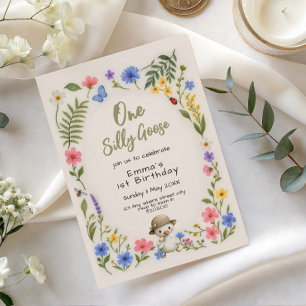 One silly goose floral cute 1st birthday invitation