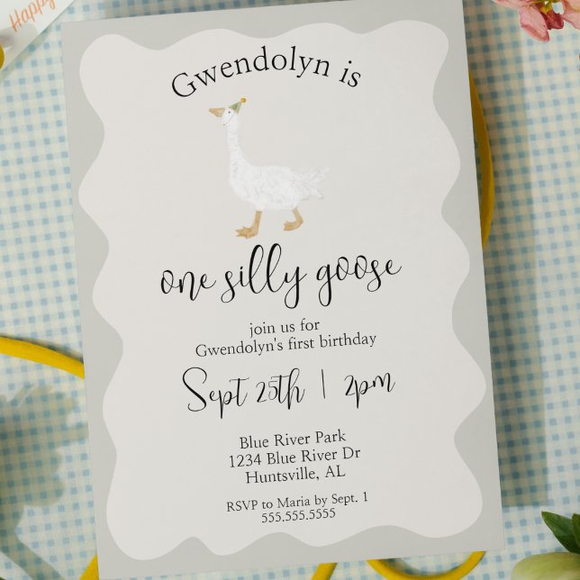 One Silly Goose Funny Cute First Birthday Party Invitation (one silly goose fun whimsical first birthday party girl boy gender neutral cute watercolor invite)