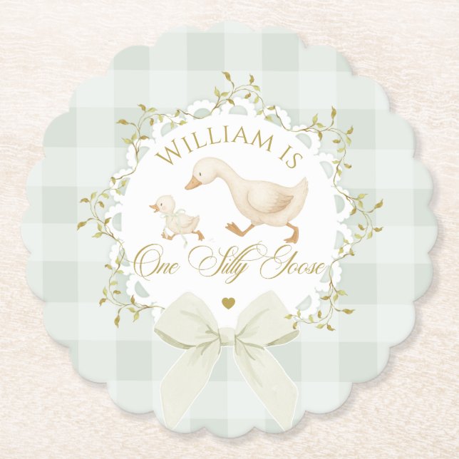 One Silly Goose Gender neutral Sage Birthday Paper Coaster (Front)