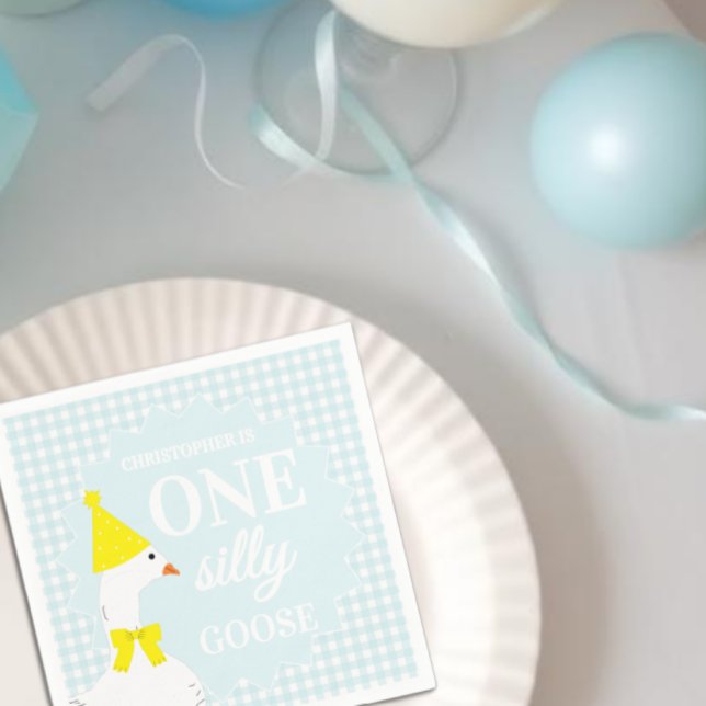 One Silly Goose Gingham 1st Birthday Napkin (Creator Uploaded)