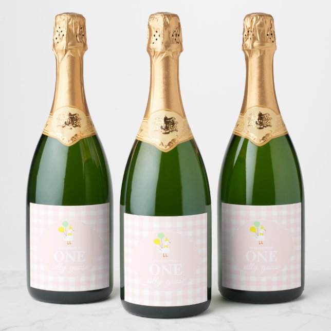 One Silly Goose Gingham 1st Birthday Sparkling Wine Label (Bottles)