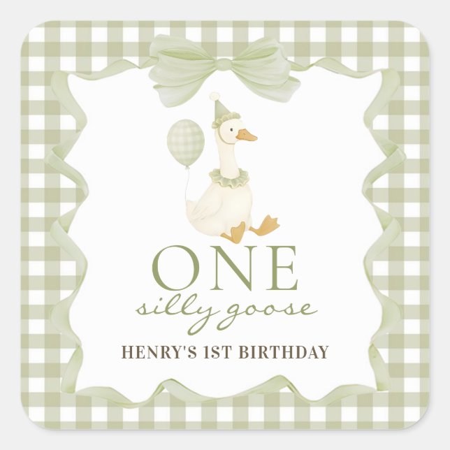 One Silly Goose Gingham 1st Birthday Sticker (Front)