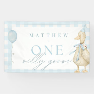 One Silly Goose Gingham Blue Boy 1st Birthday Banner