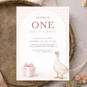 One Silly Goose Gingham Pink Bow Girl 1st Birthday Invitation