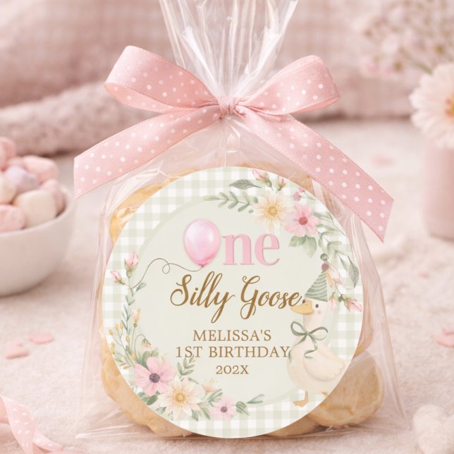 One Silly Goose Gingham Pink Flora Birthday Party  Classic Round Sticker (Creator Uploaded)