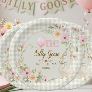 One Silly Goose Gingham Pink Flora Birthday Party Paper Plate