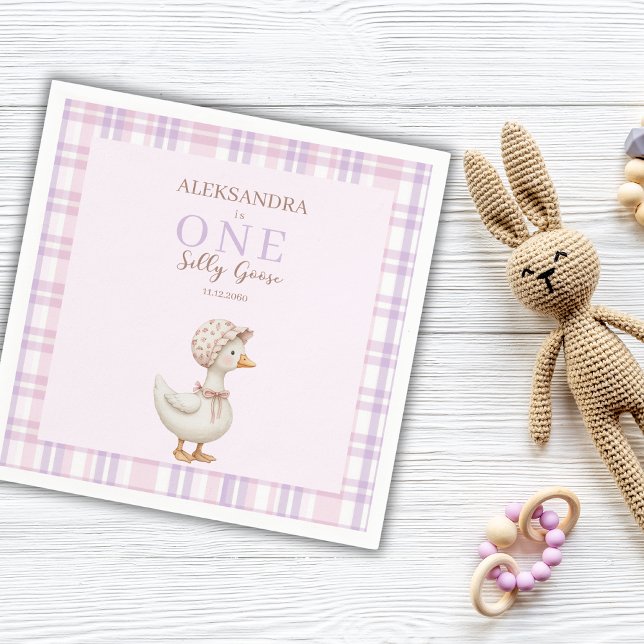 One Silly Goose Girl 1st Birthday Party Watercolor Napkin (Creator Uploaded)