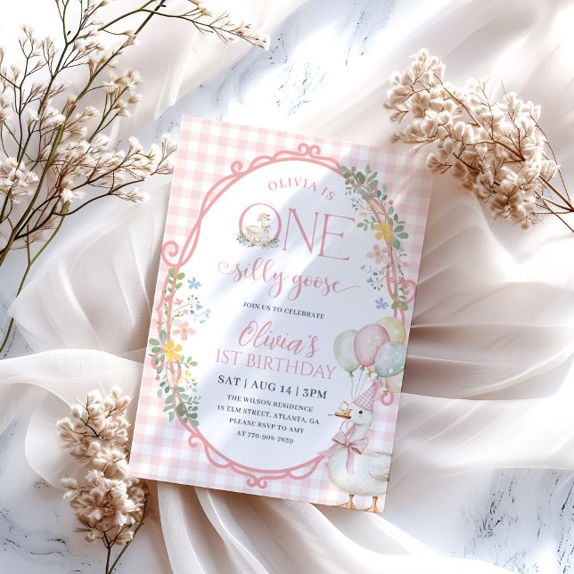One Silly Goose Girl 1st Birthday Pink Gingham Invitation (Creator Uploaded)
