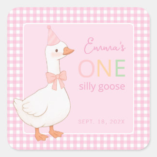 One Silly Goose Girl First Birthday Pink Party Hat Square Sticker