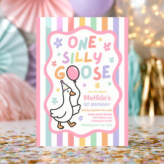 One Silly Goose Girl Pastel 1st Birthday Party  Invitation