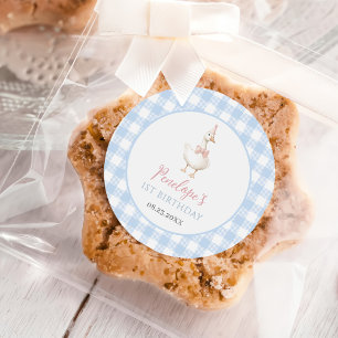 One Silly Goose Girls 1st Birthday Blue Gingham Classic Round Sticker