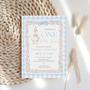 One Silly Goose Girls 1st Birthday Blue Gingham Invitation