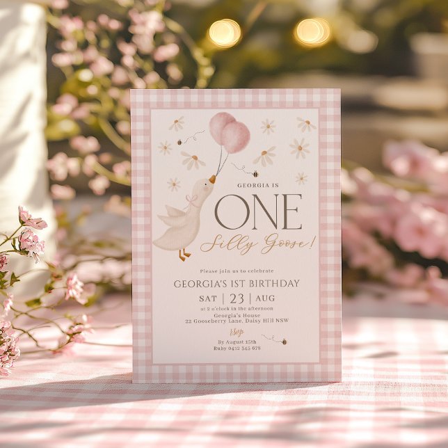 One Silly Goose Girls 1st Birthday Pink Gingham Invitation (Silly Goose 1st Birthday Pink Gingham Girls Invitation)