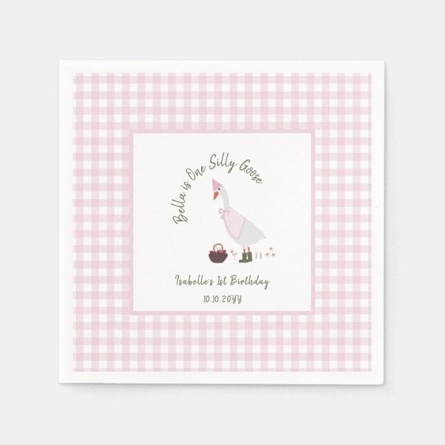 One Silly Goose Girls Pink Gingham 1st Birthday  Napkin (Front)