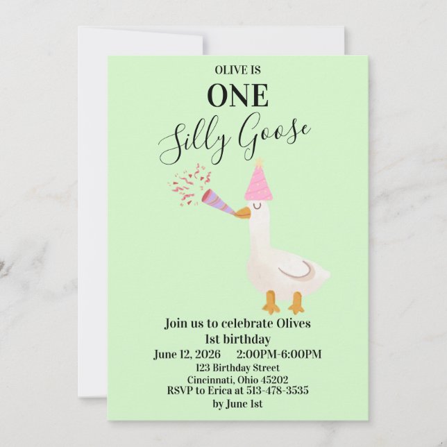 One Silly Goose Green 1st Birthday Invite  (Front)